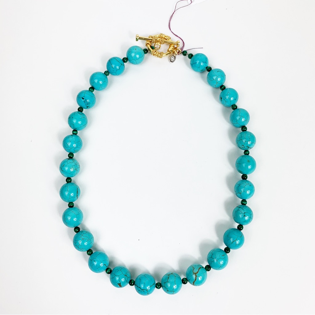 Turquoise Dyed Howlite Malachite Bead Necklace Handmade 75$
